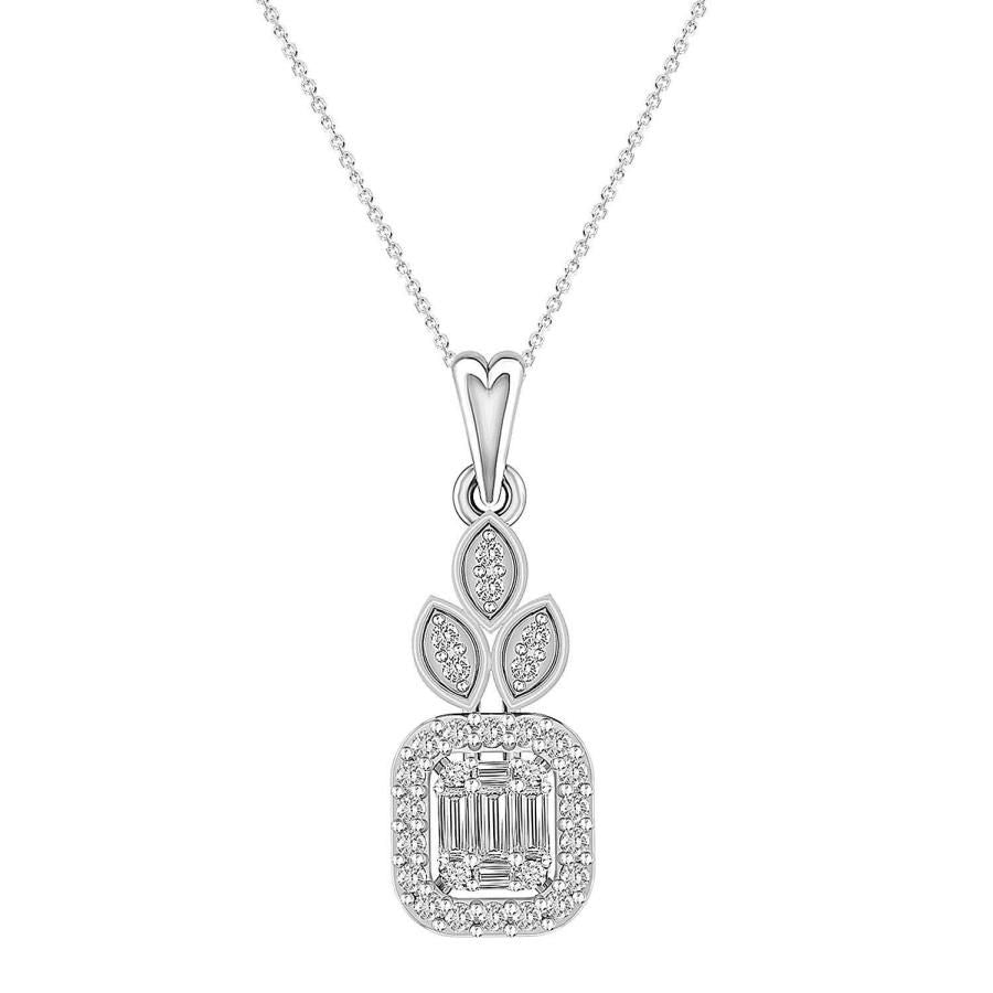 LADIES PENDANT WITH CHAIN 0.25CT ROUND/BAGUETTE DIAMOND 14K WHITE GOLD