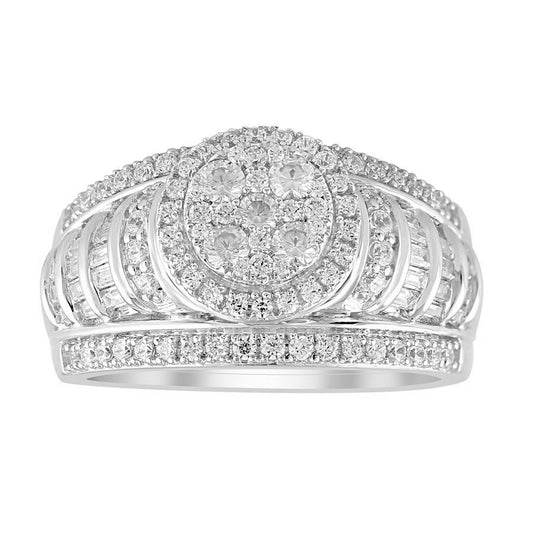 LADIES RING 1.00CT ROUND/BAGUETTE DIAMOND 10K WHITE GOLD