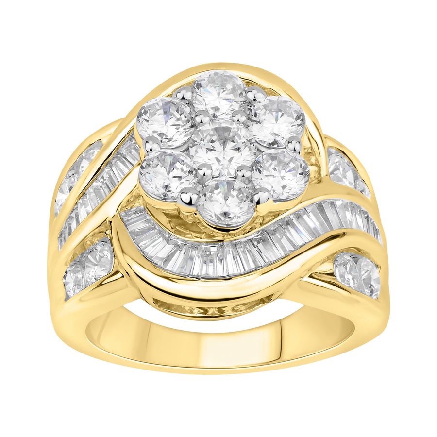 LADIES RING 3.00CT ROUND/BAGUETTE DIAMOND 14K YELLOW GOLD