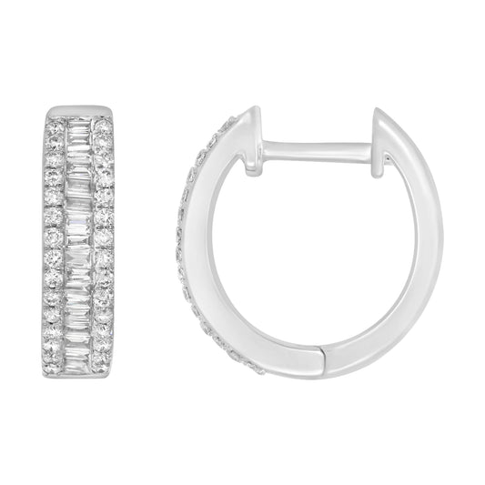 LADIES HOOP EARRINGS 0.75CT ROUND/BAGUETTE DIAMOND 14K WHITE GOLD