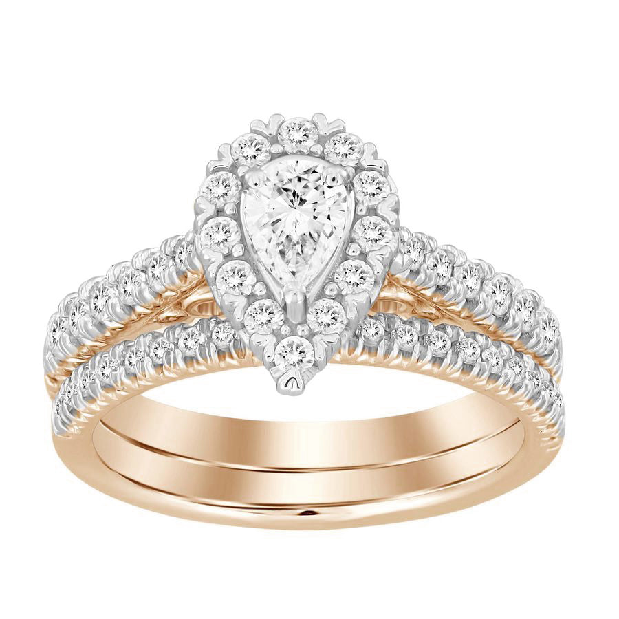 LADIES BRIDAL SET 1.00CT ROUND DIAMOND 14K ROSE GOLD (CENTER STONE 0.33CT PEAR DIAMOND)