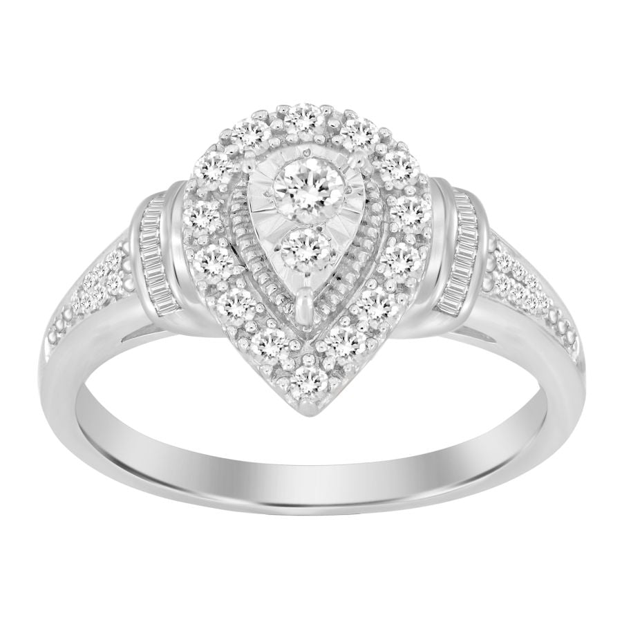 LADIES RING 0.25CT ROUND/BAGUETTE DIAMOND 10K WHITE GOLD