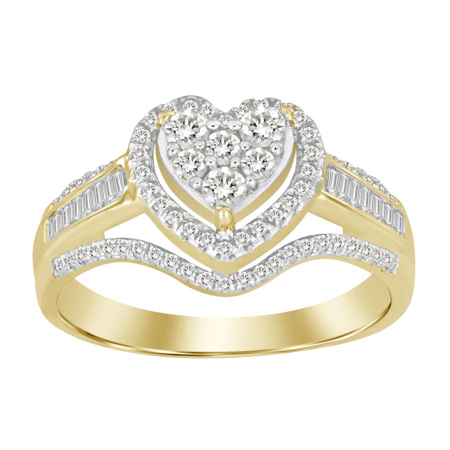 LADIES FASHION RING 0.50CT ROUND/BAGUETTE DIAMOND 10K YELLOW GOLD