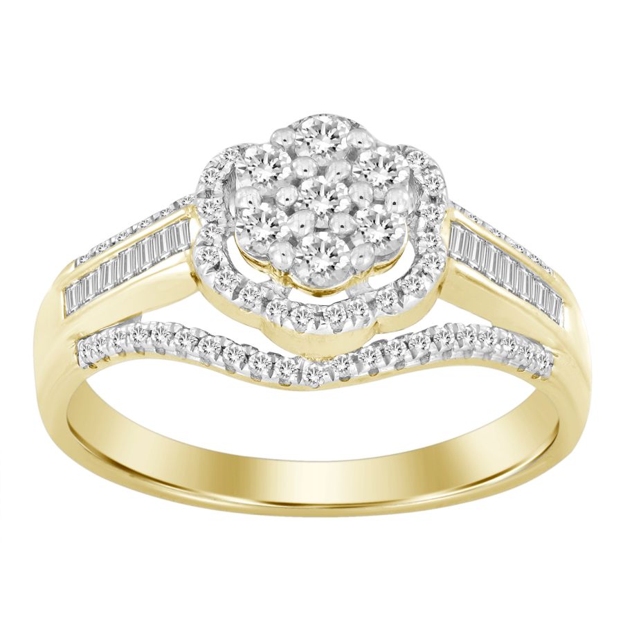 LADIES FASHION RING 0.50CT ROUND/BAGUETTE DIAMOND 10K YELLOW GOLD