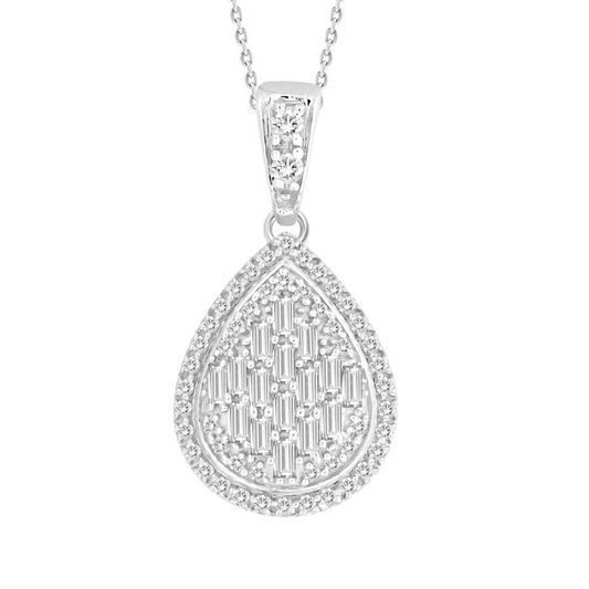 LADIES PENDANT WITH CHAIN 0.33CT ROUND/BAGUETTE DIAMOND 10K WHITE GOLD