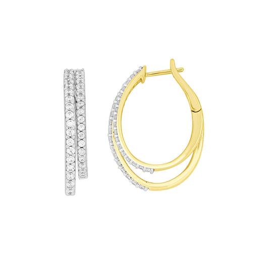 LADIES HOOPS EARRINGS 1.00CT ROUND DIAMOND 10K YELLOW GOLD