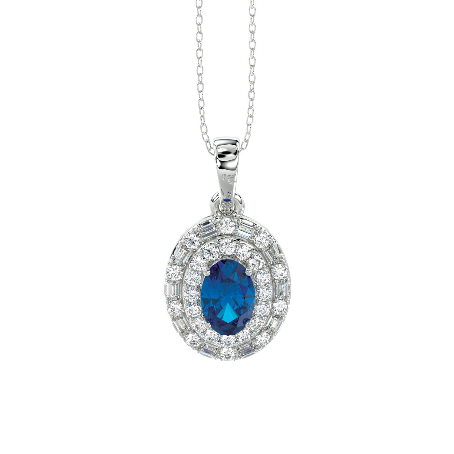 LADIES PENDANT WITH CHAIN 1.05CT ROUND/BAGUETTE/OVAL DIAMOND 14K WHITE GOLD (CENTER STONE TANZANITE OVAL DIAMOND-0.80CT)