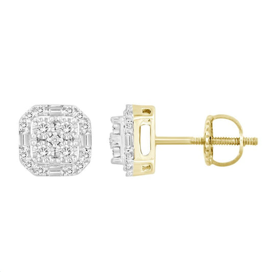 LADIES EARRINGS 0.15CT ROUND/BAGUETTE DIAMOND 10K YELLOW GOLD