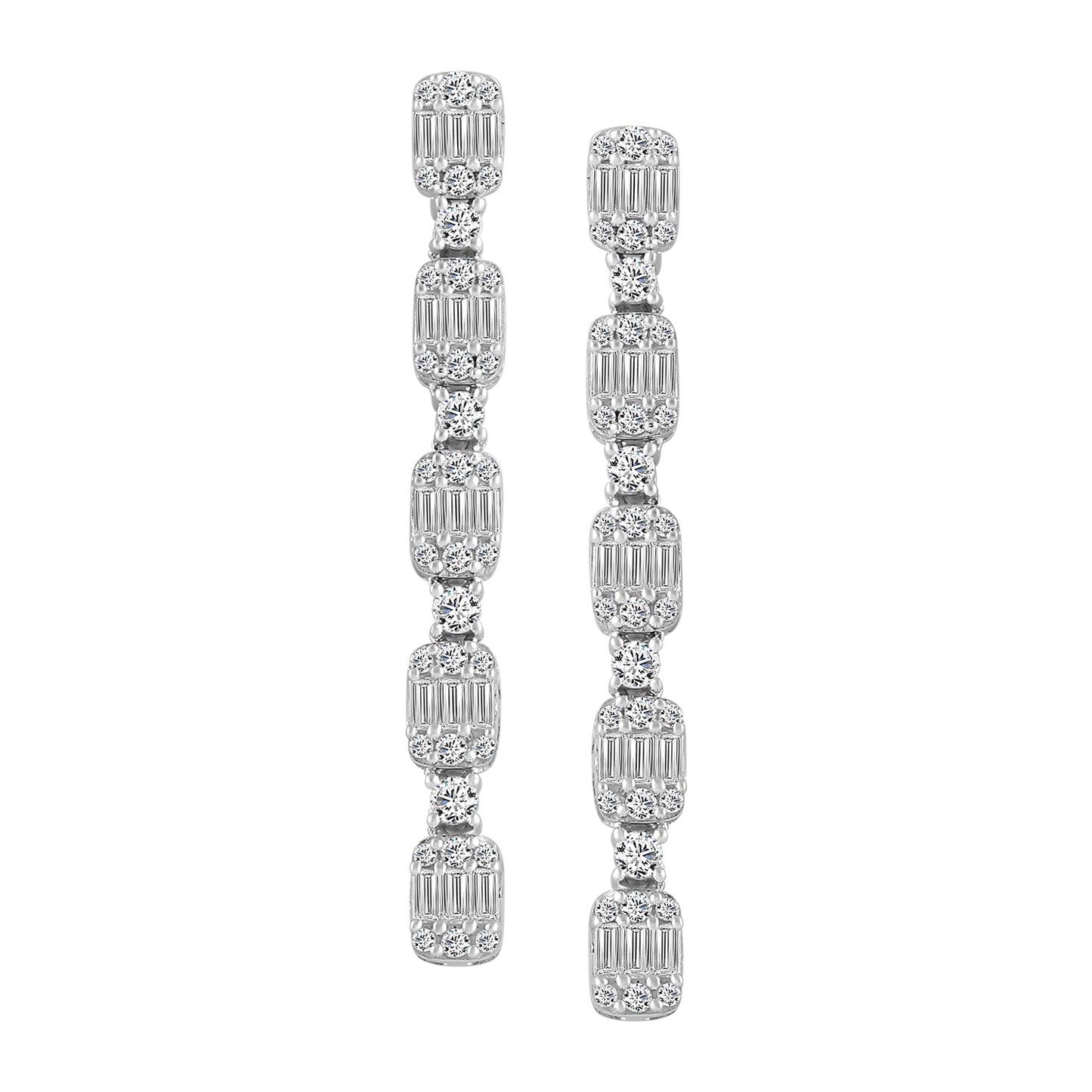 LADIES LINEAR EARRINGS 1.00CT ROUND/BAGUETTE DIAMOND 14K WHITE GOLD