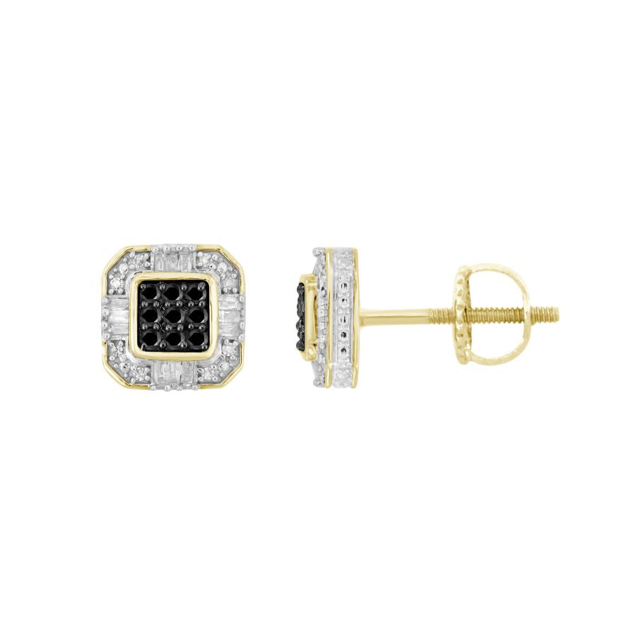 LADIES EARRINGS 0.25CT ROUND/BLACK/BAGUETTE DIAMOND 10K YELLOW GOLD