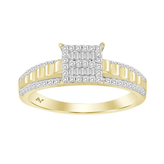 LADIES RING 0.25CT ROUND/BAGUETTE DIAMOND 10K YELLOW GOLD