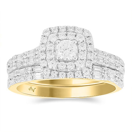 LADIES BRIDAL SET 1.00CT ROUND/BAGUETTE DIAMOND 14K YELLOW GOLD