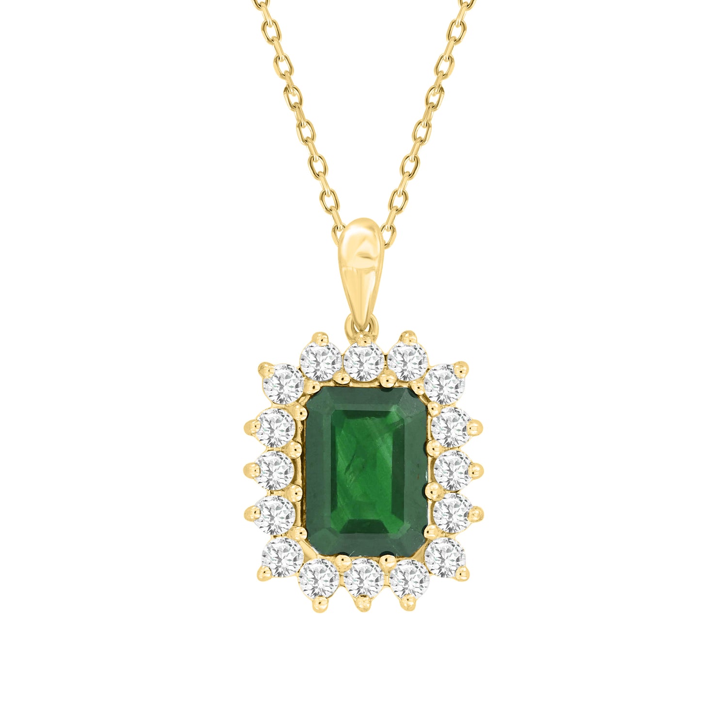 LADIES PENDANT WITH CHAIN 1.88CT ROUND/EMERALD DIAMOND 14K YELLOW GOLD (CENTER STONE EMERALD APPROX- 1.50CT)