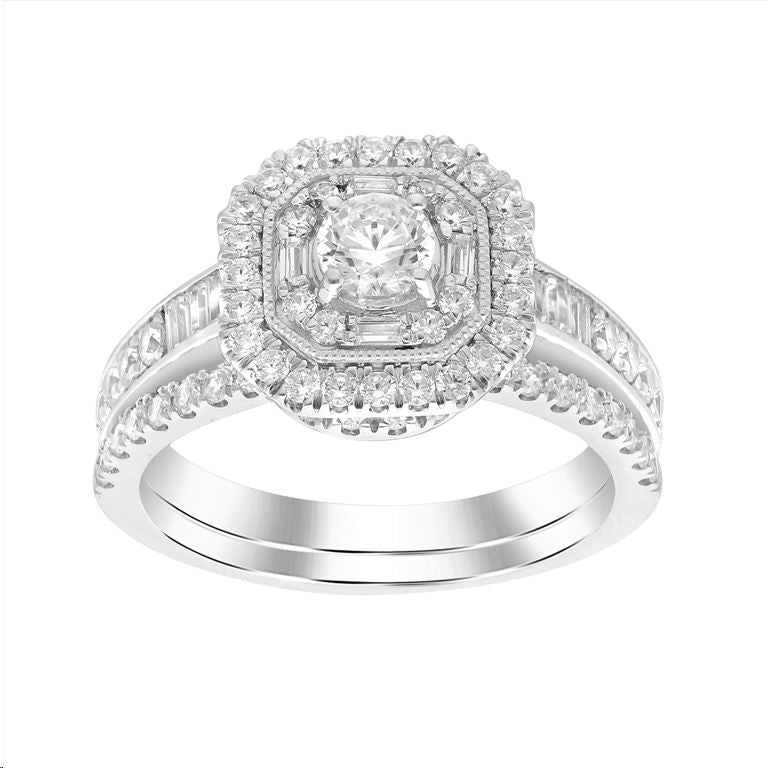 LADIES BRIDAL SET 1.20CT ROUND/BAGUETTE DIAMOND 14K WHITE GOLD (SI QUALITY)  (CENTER STONE ROUND DIAMOND-0.40CT)