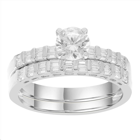 LADIES BRIDAL SET 1.10CT ROUND/BAGUETTE DIAMOND 14K WHITE GOLD (SI QUALITY) (CENTER STONE ROUND DIAMOND-0.75CT)