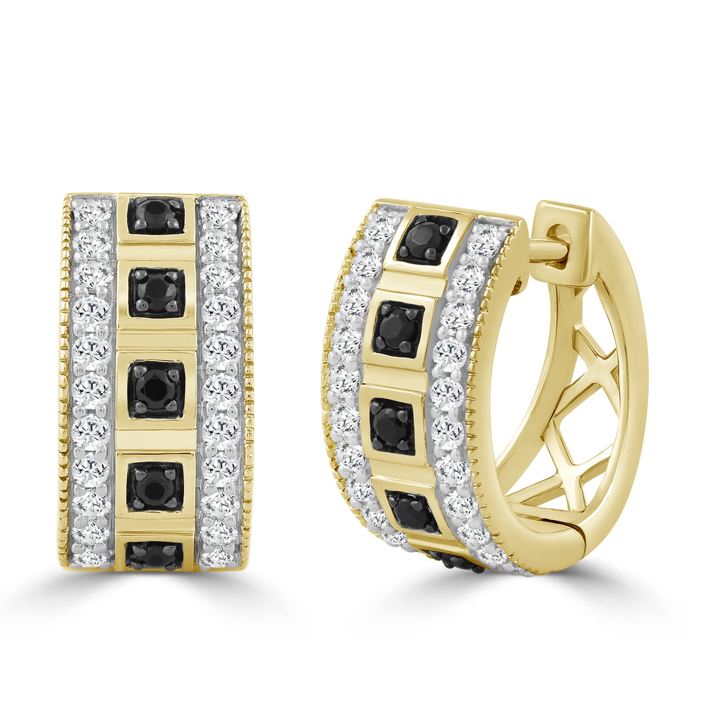 LADIES HOOPS EARRING 0.50CT BLACK/ROUND DIAMOND 10K YELLOW GOLD