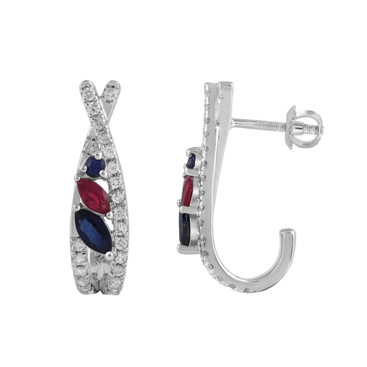 LADIES EARRINGS 1.40CT ROUND/RUBY/SAPPHIRE MARQUISE DIAMOND 14K WHITE GOLD (CENTER STONE MARQUISE SAPPHIRE/RUBY 1.00CT