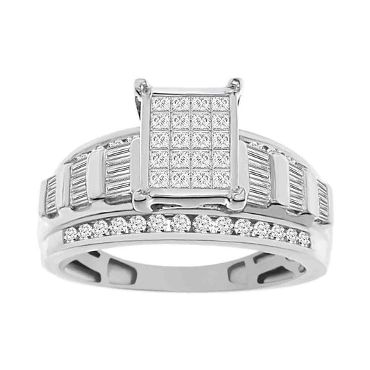 LADIES RING 1.00CT ROUND/PRINCESS/BAGUETTE DIAMOND 10K WHITE GOLD