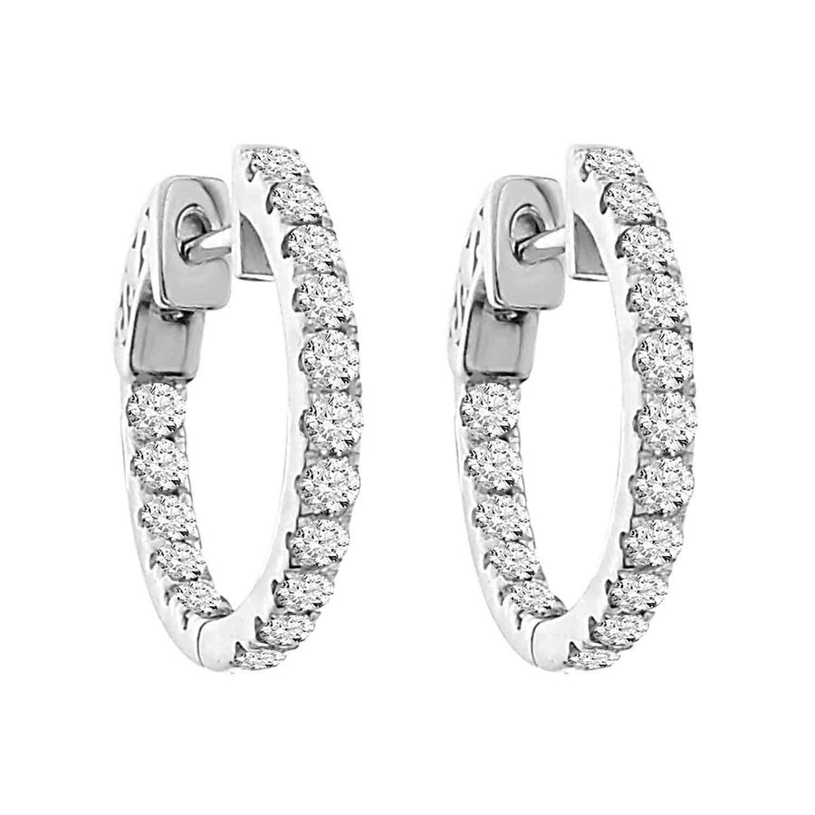 LADIES HOOP EARRINGS 1.00CT ROUND DIAMOND 10K WHITE GOLD