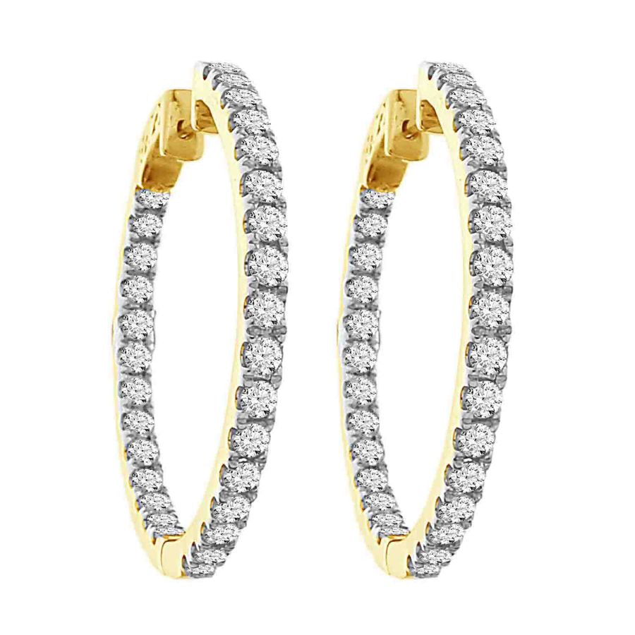 LADIES HOOP EARRINGS 3.00CT ROUND DIAMOND 10K YELLOW GOLD