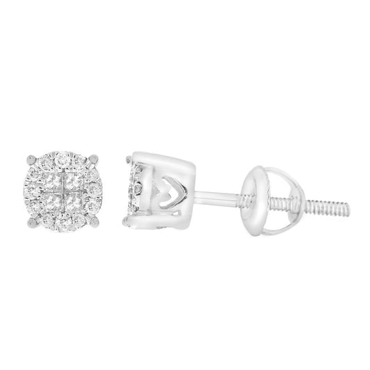 LADIES STUD EARRINGS 0.25CT ROUND/PRINCESS DIAMOND 10K WHITE GOLD