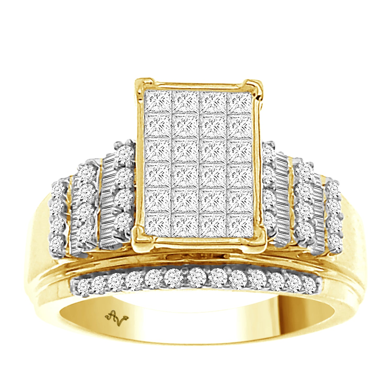 LADIES RING 1.00CT ROUND/BAGUETTE/PRINCESS DIAMOND10K YELLOW GOLD