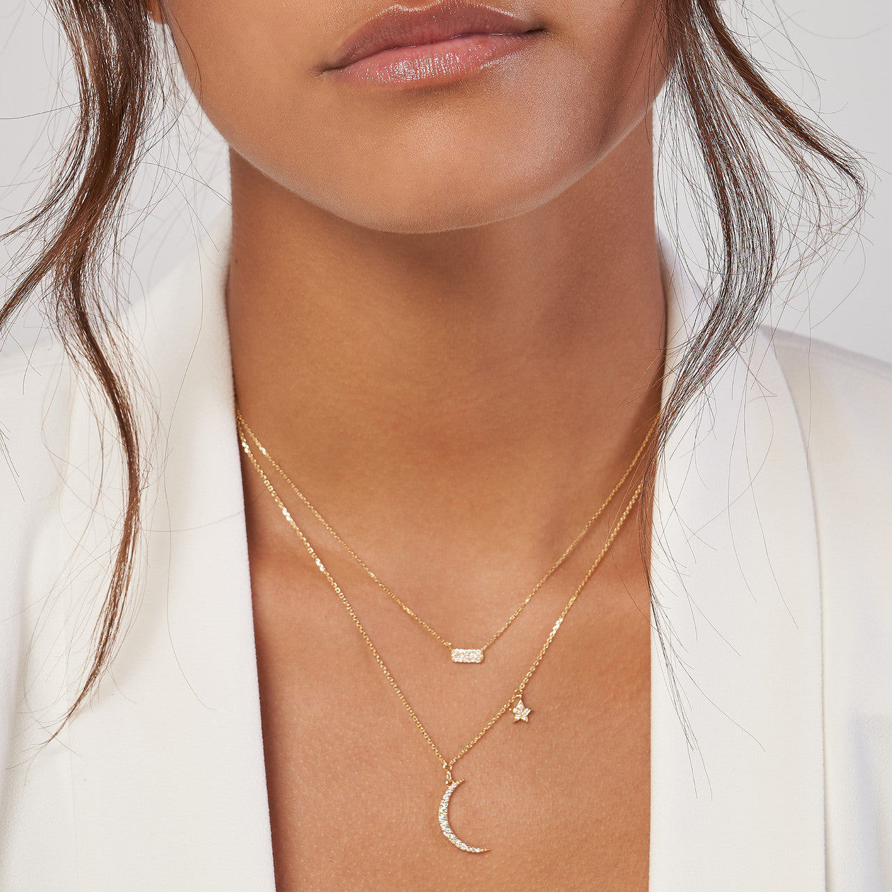 Diamond Moon with Star Dangle Necklace