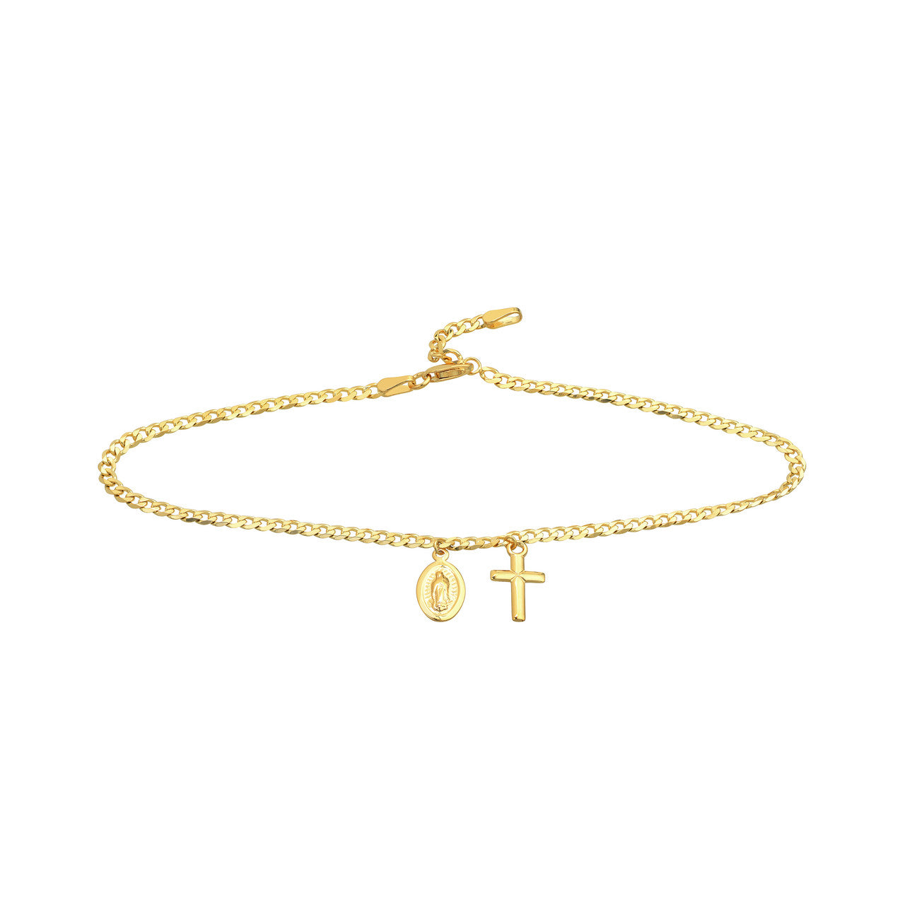 Cross/Mary Dangles on Open Curb Chain Anklet