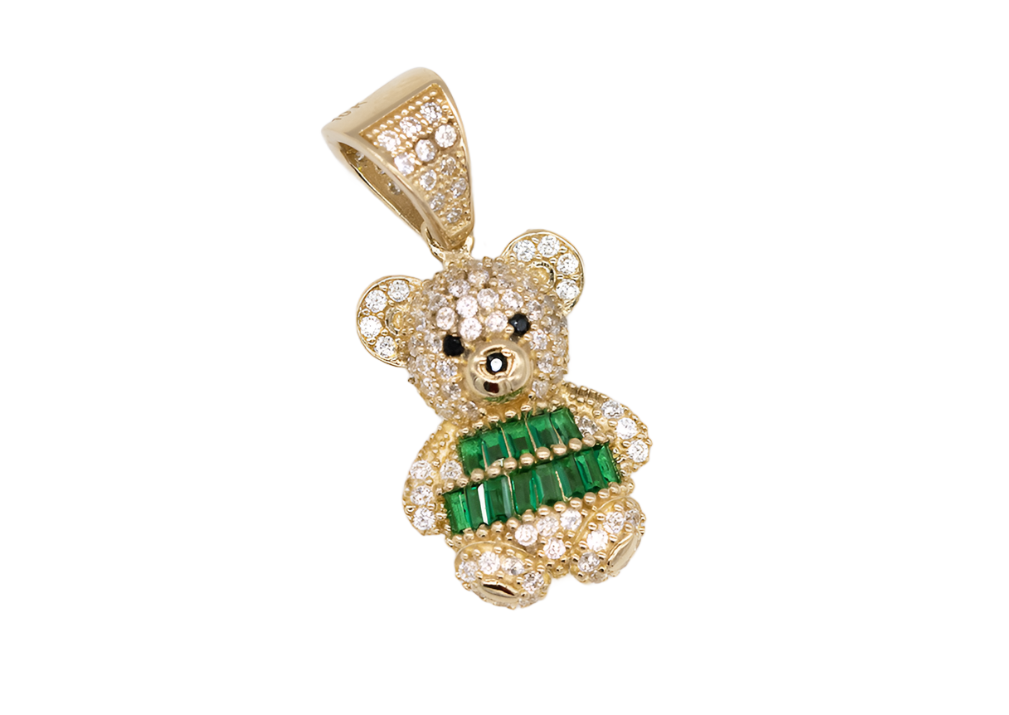 Earrings with green bear design 10k gold and zirconia.  